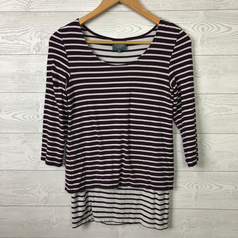 Milk Nursingwear Women's Small Contrast Striped Top 3/4 Sleeve Scoop Neck Shirt